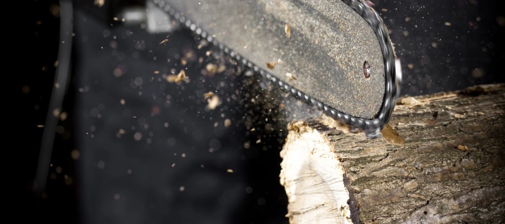 A chainsaw cuts into a rough log, spraying bright sawdust against a dark background; the close-up conveys the force of woodcutting.
